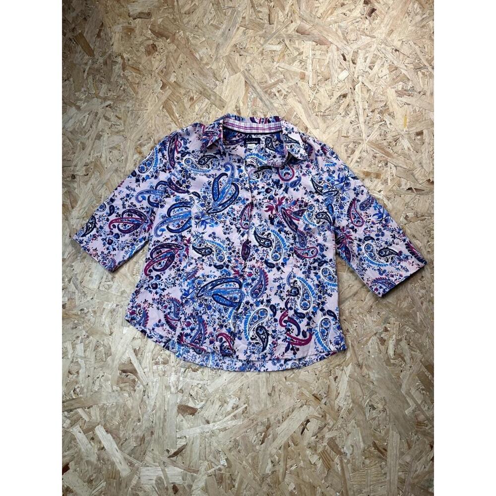 Basic Editions Womens Large Pink Blue Paisley Button Up Shirt 3/4 Sleeve Cotton